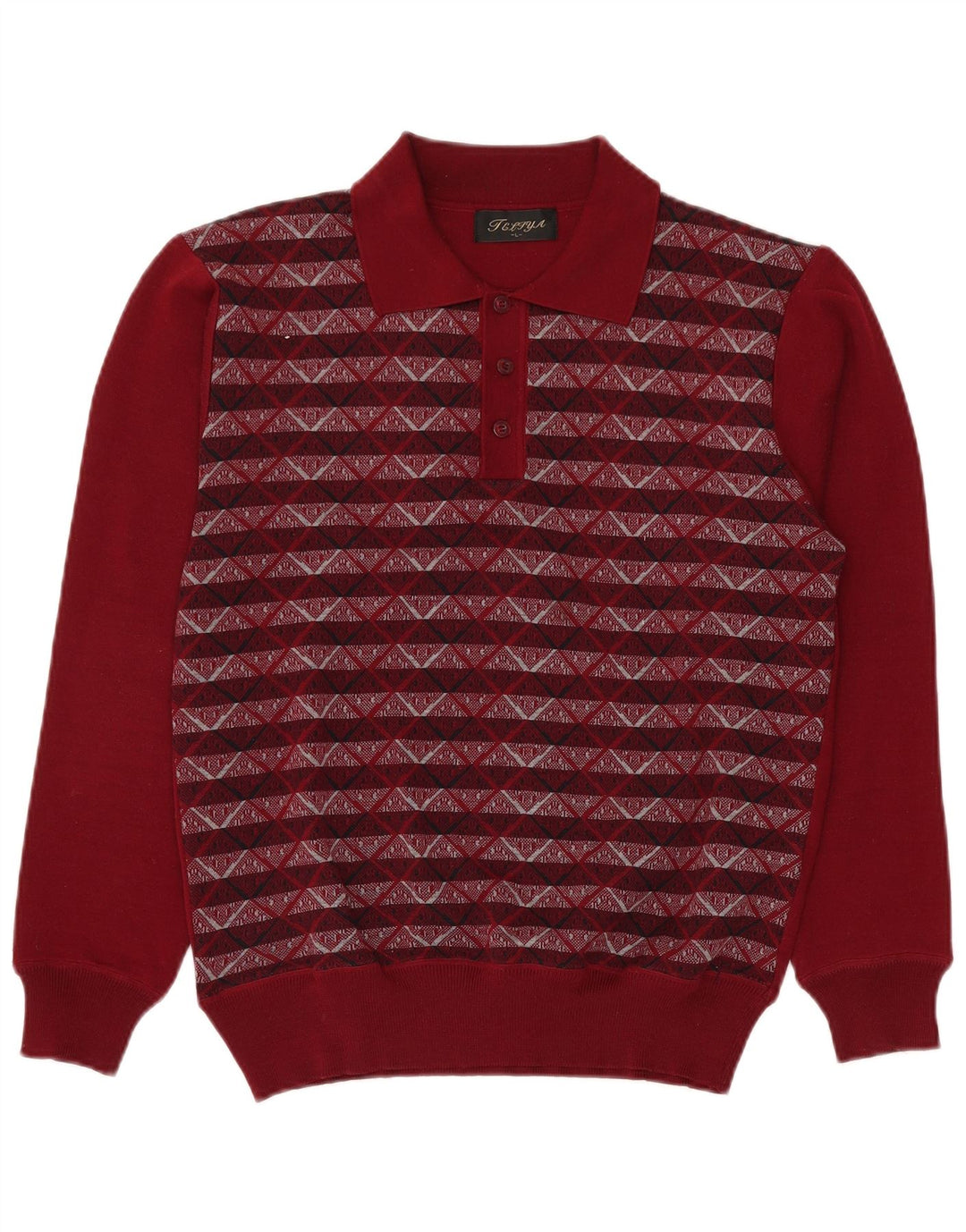 VINTAGE Mens Polo Neck Jumper Pull Grand Bordeaux Géométrique