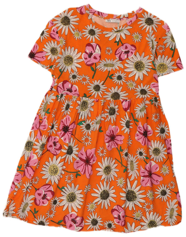 Zara Robe trapèze plissée pour femme UK 10 Petit coton floral orange
