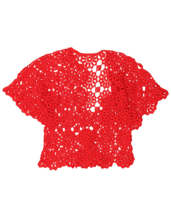 VINTAGE Femmes Manches Courtes Crochet Cardigan Top UK 12 Moyen Rouge Floral
