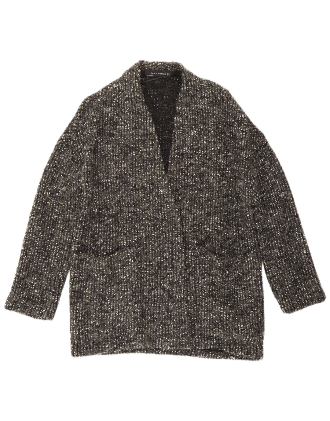 Zara Womens Oversize Open Cardigan Sweater UK 10 Petite laine mouchetée grise