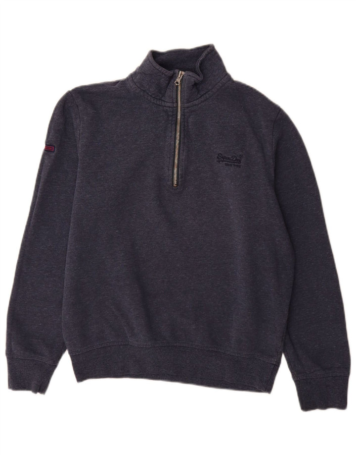 Superdry Homme Zip Neck Sweatshirt Jumper Petit Bleu Marine Coton