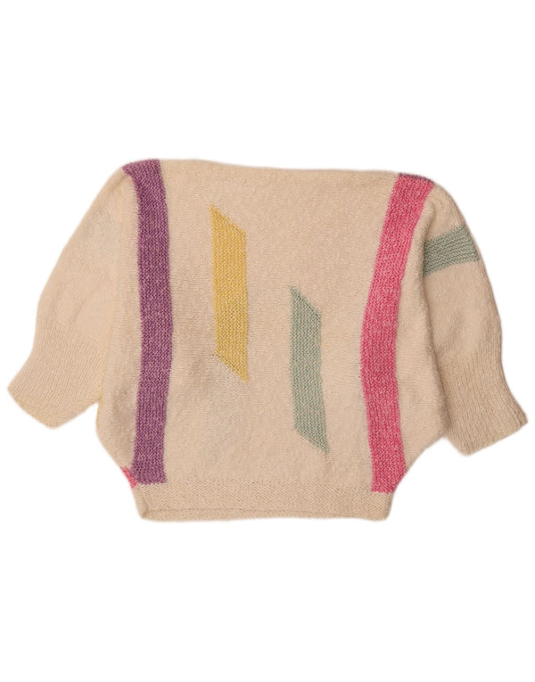 vintage Femmes Batwing Boat Neck Jumper Pull UK 18 XL Colorblock Blanc