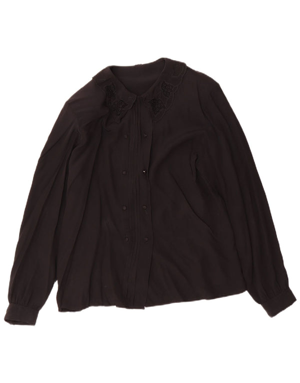 vintage Femme Chemise Blouse UK 12 Acétate Noir Moyen