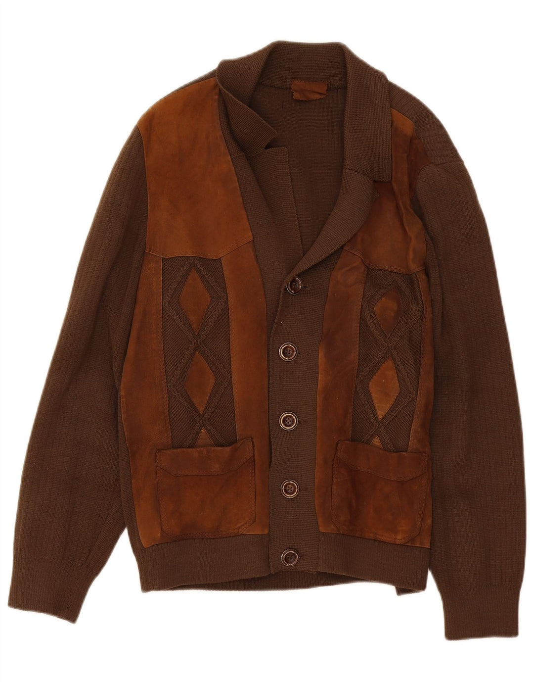 vintage Homme Cardigan Pull Marron Moyen Colourblock