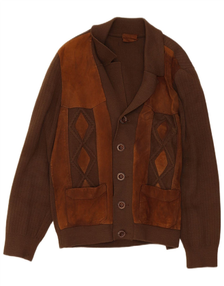 vintage Homme Cardigan Pull Marron Moyen Colourblock