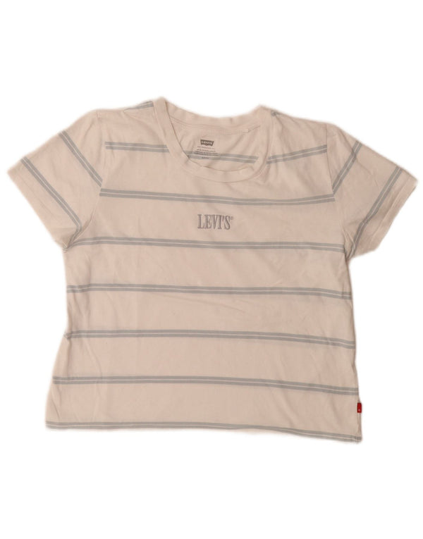 Levi's Femme Crop Graphic T-Shirt Top UK 10 Petit Blanc Rayé