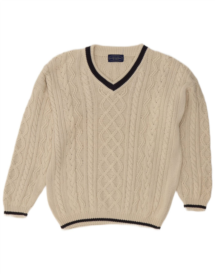 Cotton Republic Pull Col V Homme Blanc Cassé Moyen Coton