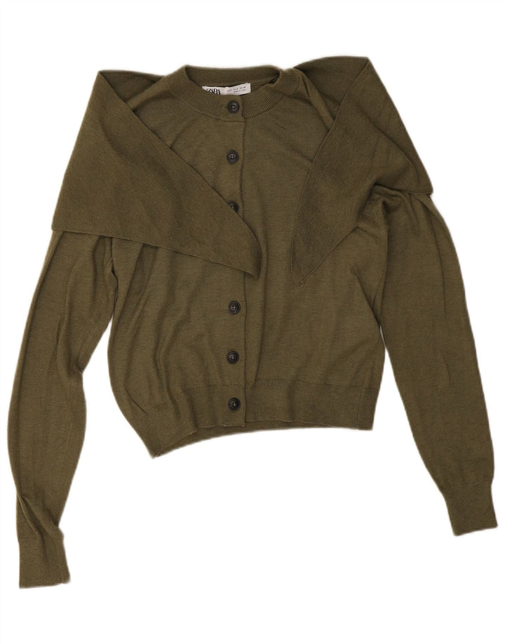 Zara Womens Crop Cardigan Sweater UK 10 Petit Kaki Polyamide