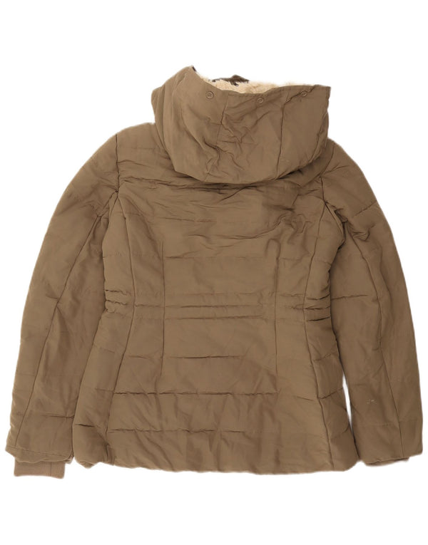 Zara Veste matelassée Sherpa à capuche pour femme UK 10 Petit Kaki Polyester
