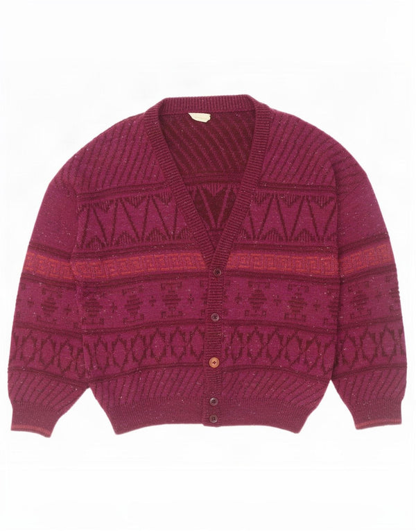 vintage Mens Cardigan Sweater UK 46 XL Bourgogne Géométrique Laine