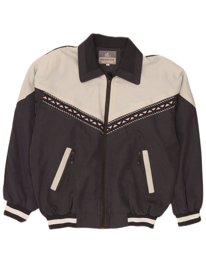 VINTAGE Veste Bomber Homme UK 40 Grand Noir Colourblock Polyester