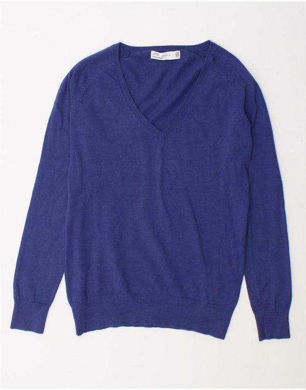 Zara Pull col V pour femme UK 18 XL Bleu Coton