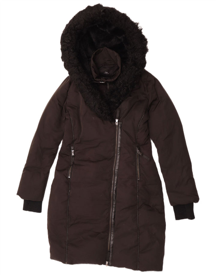 Zara Manteau rembourré à capuche pour femme UK 10 Small Noir Polyester