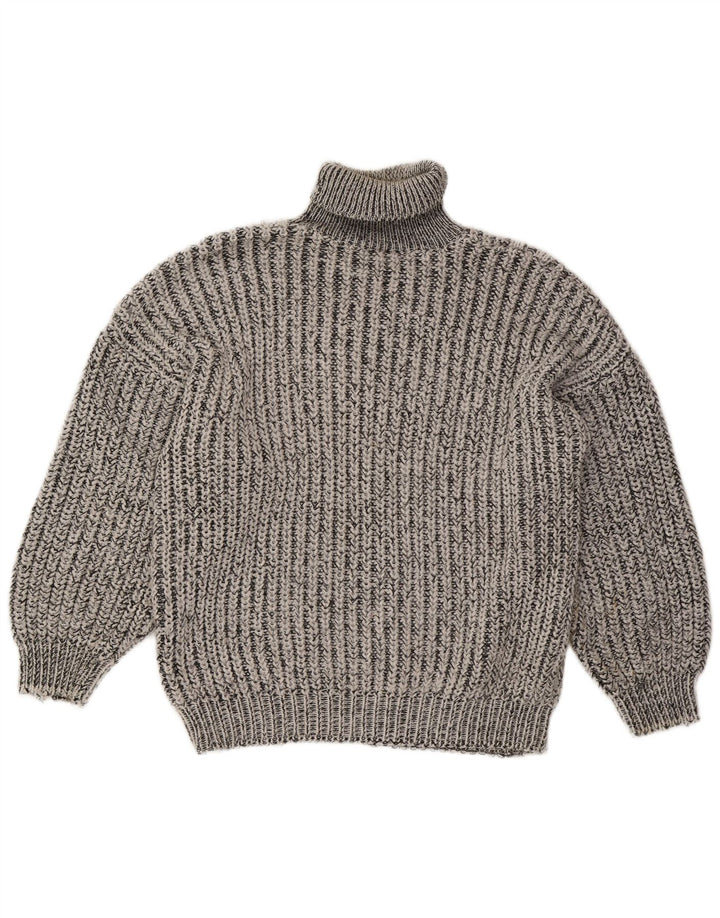 vintage Womens Roll Neck Jumper Pull UK 16 Grand Gris Rayé