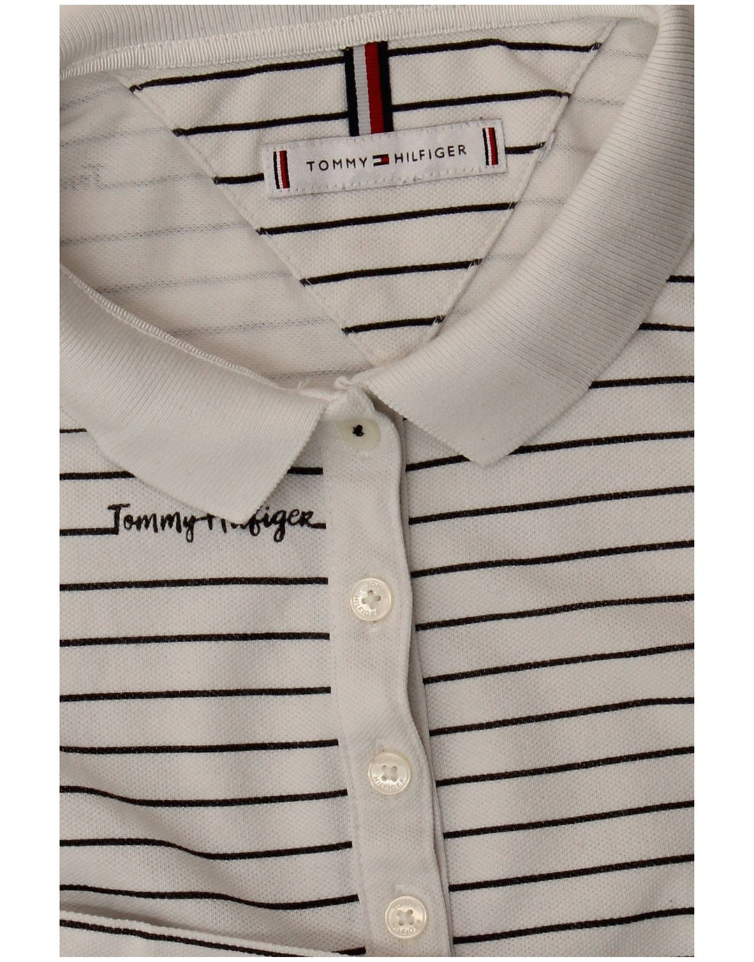 TOMMY HILFIGER Polo Graphique Femme UK 14 Medium Blanc Rayé