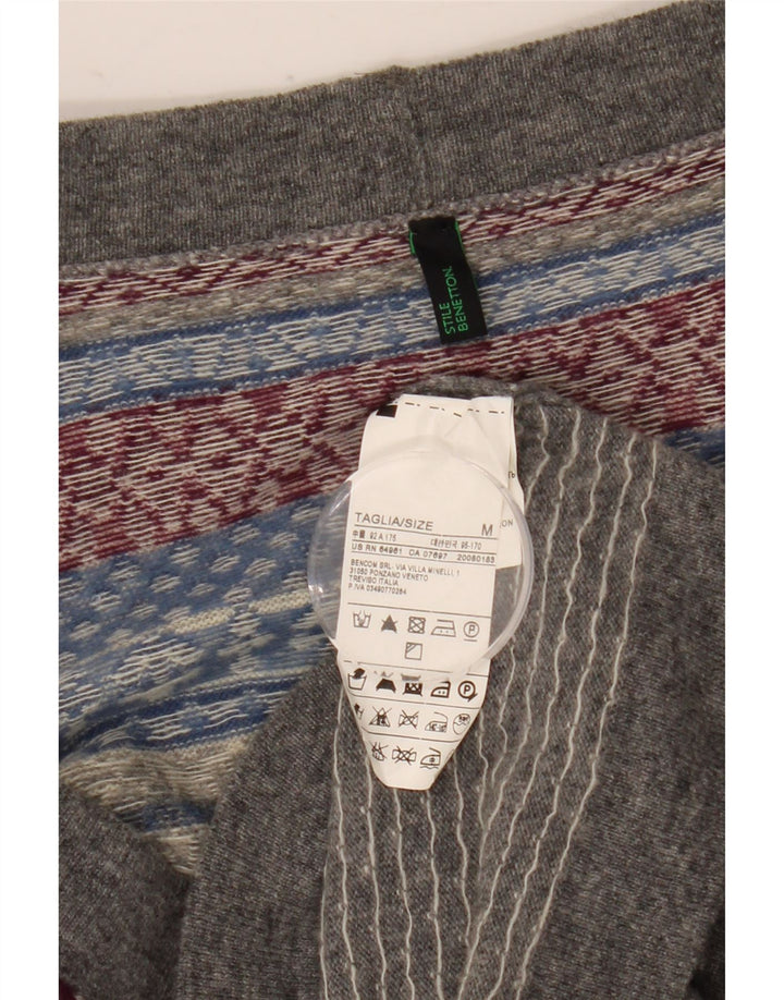 Benetton Pull Cardigan Femme UK 14 Gris Moyen Laine Fair Isle