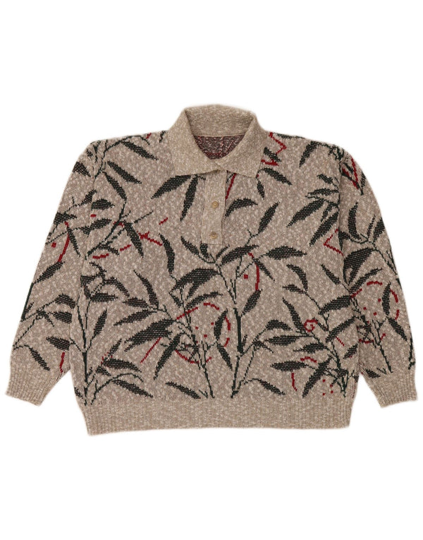 vintage Femme Polo Neck Jumper Pull UK 16 Grand Gris Floral
