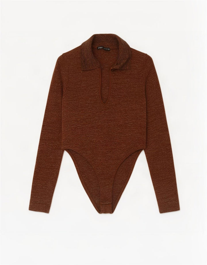 Zara Body à manches longues pour femme UK 8 petit polyester moucheté marron