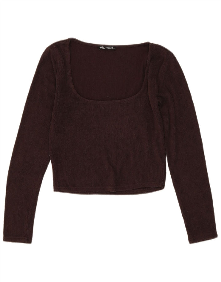 Zara Femme Crop Top Manches Longues UK 12 Marron Moyen Polyester