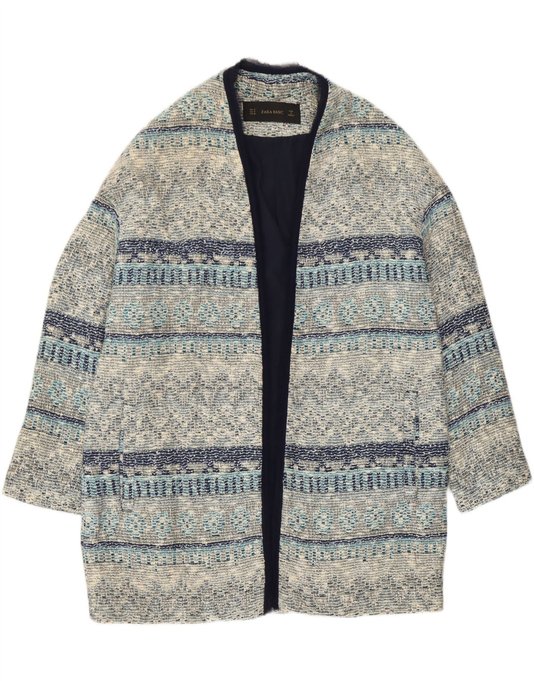 Zara Womens Open Overcoat UK 12 Bleu Moyen Rayé