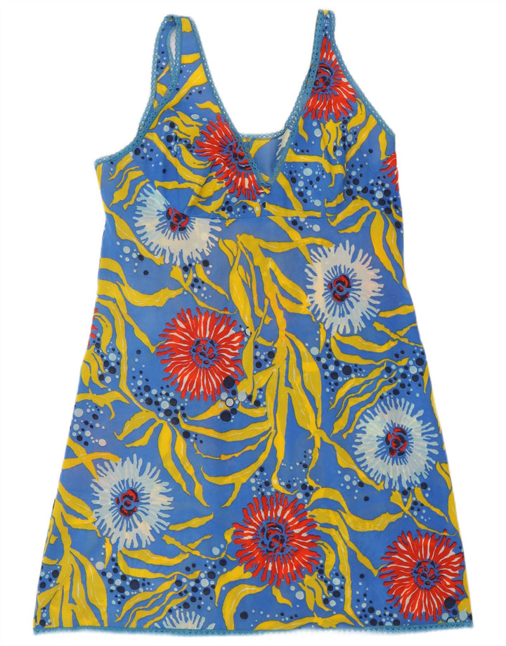 VINTAGE Robe à motif abstrait pour femme UK 12 Bleu moyen