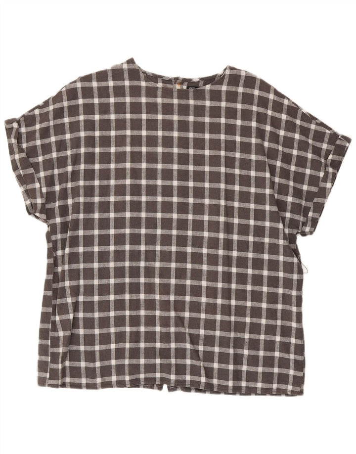 Zara Chemisier surdimensionné à manches courtes pour femme UK 14 Gris moyen à carreaux