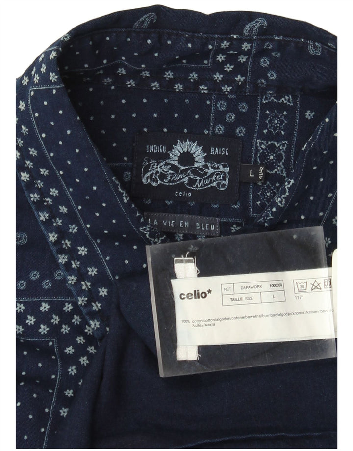 Celio Chemise à Manches Courtes Homme Indigo Large Bleu Marine Patchwork Coton