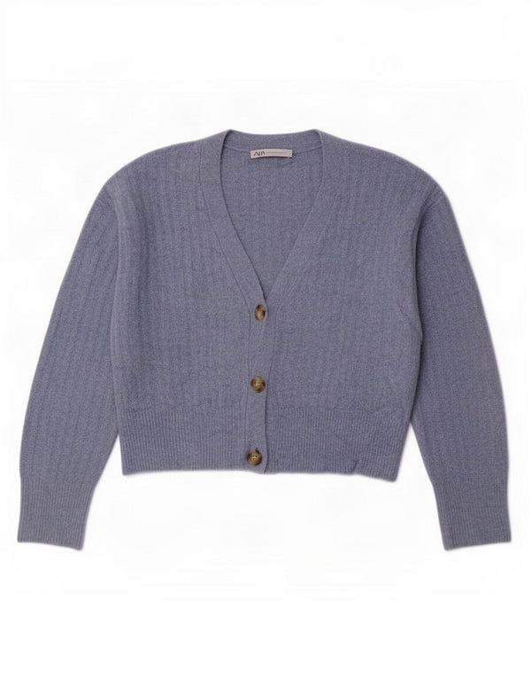 Zara Womens Crop Oversize Cardigan Pull UK 10 Petit Bleu Acrylique