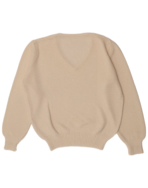 vintage Femmes Regular Fit V-Col Jumper Pull UK 10 Petit Acrylique Blanc