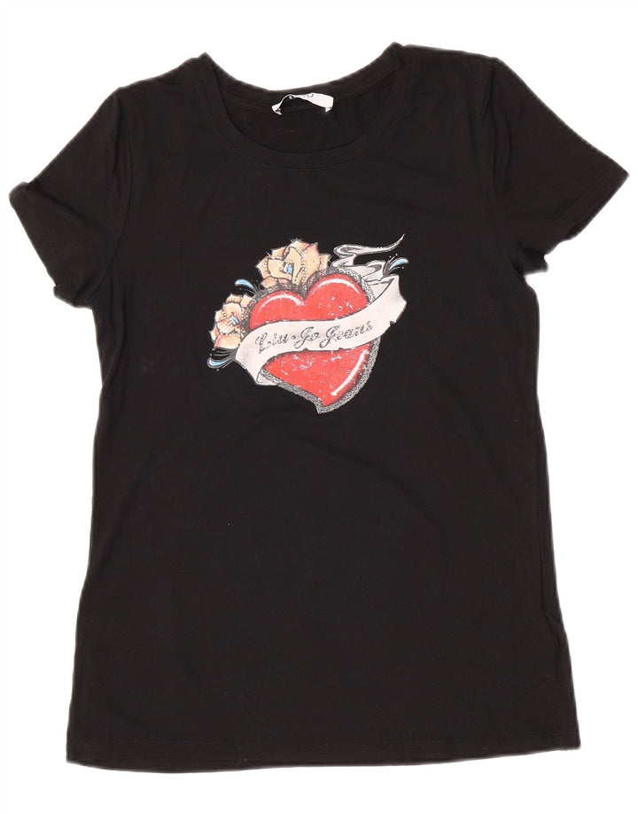 Liu Jo T-Shirt Graphique Femme UK 12 Medium Noir Viscose
