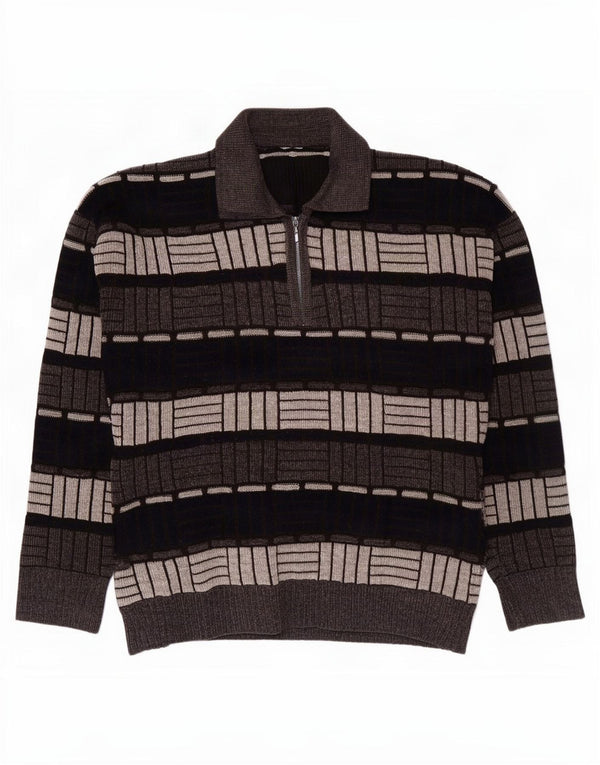 vintage Mens Polo Neck Jumper Pull Moyen Gris Géométrique