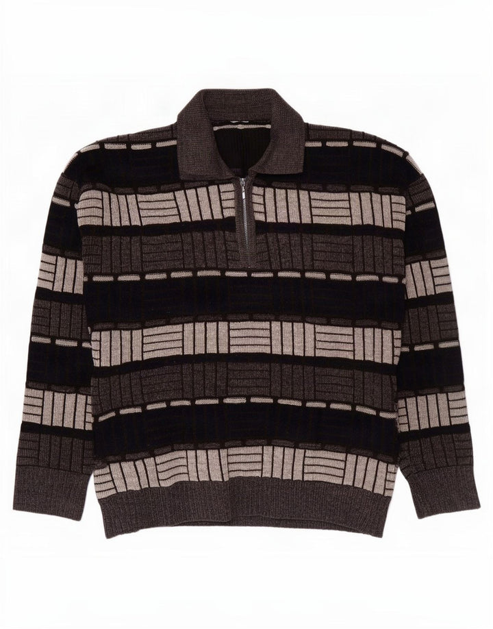 vintage Mens Polo Neck Jumper Pull Moyen Gris Géométrique