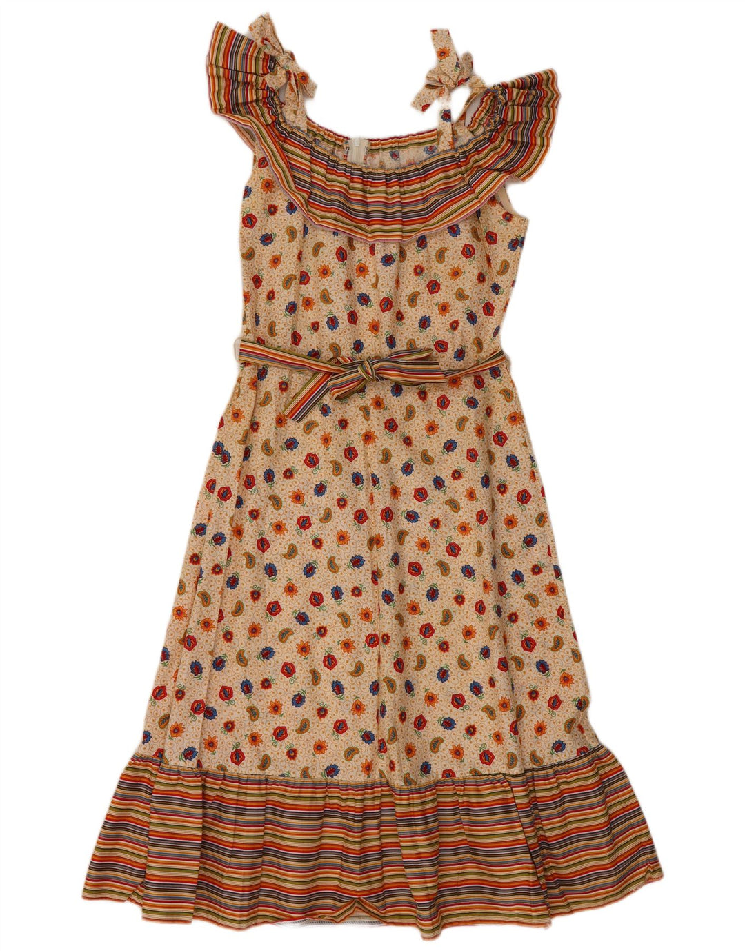 VINTAGE Femme Robe A-Line sans manches EU 36 Petit Coton Paisley Beige