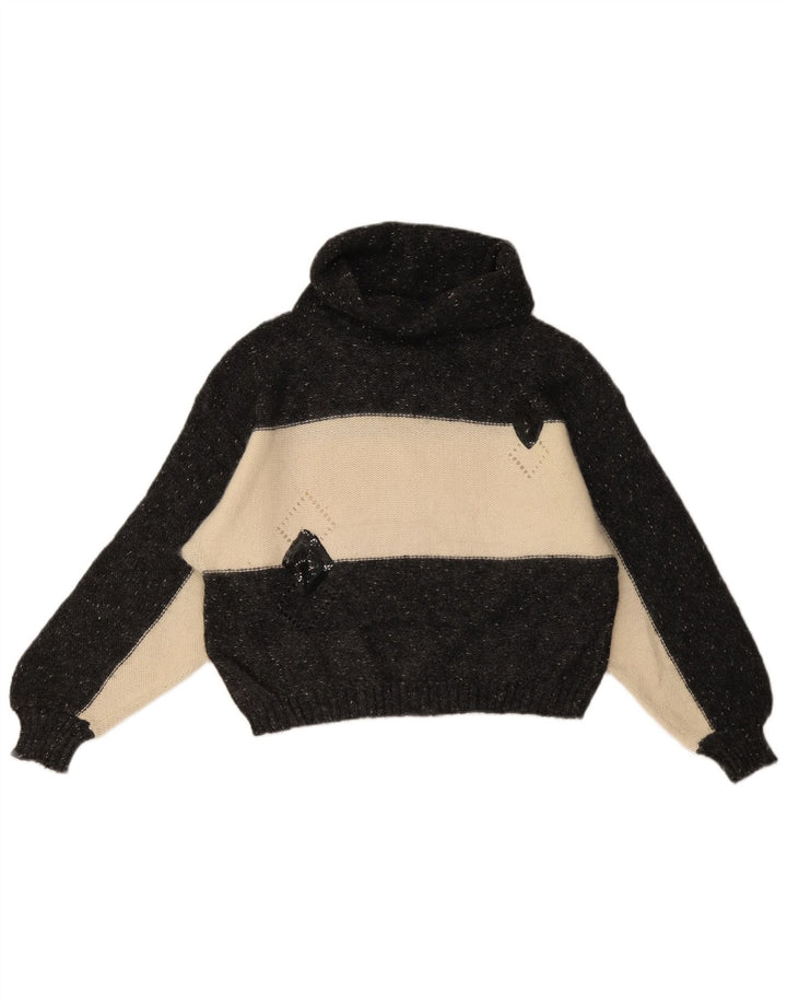 vintage Femme Roll Neck Jumper Pull UK 14 Moyen Noir Colourblock Laine