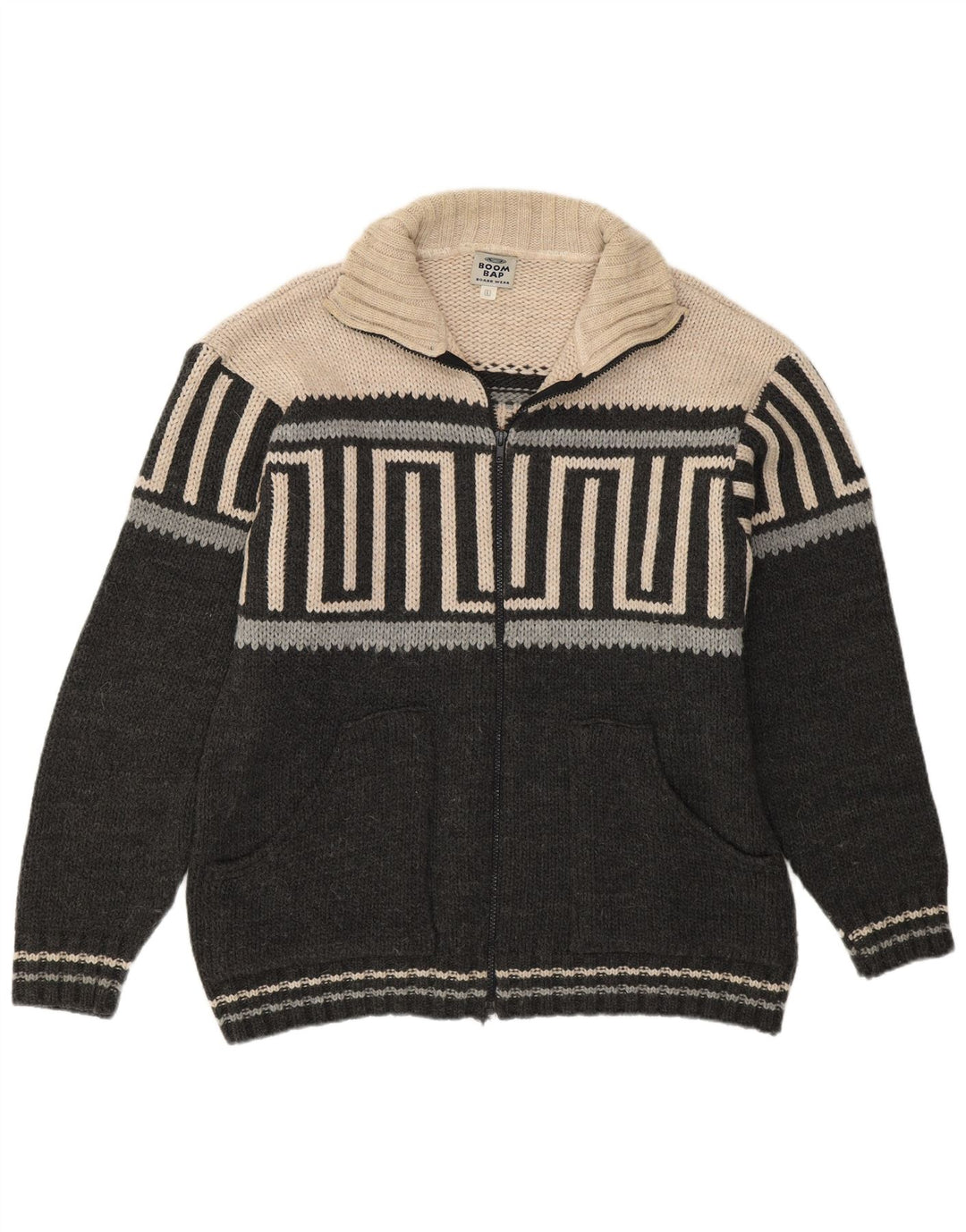 BOOM BAP Cardigan Homme Pull Grand Gris Géométrique Acrylique