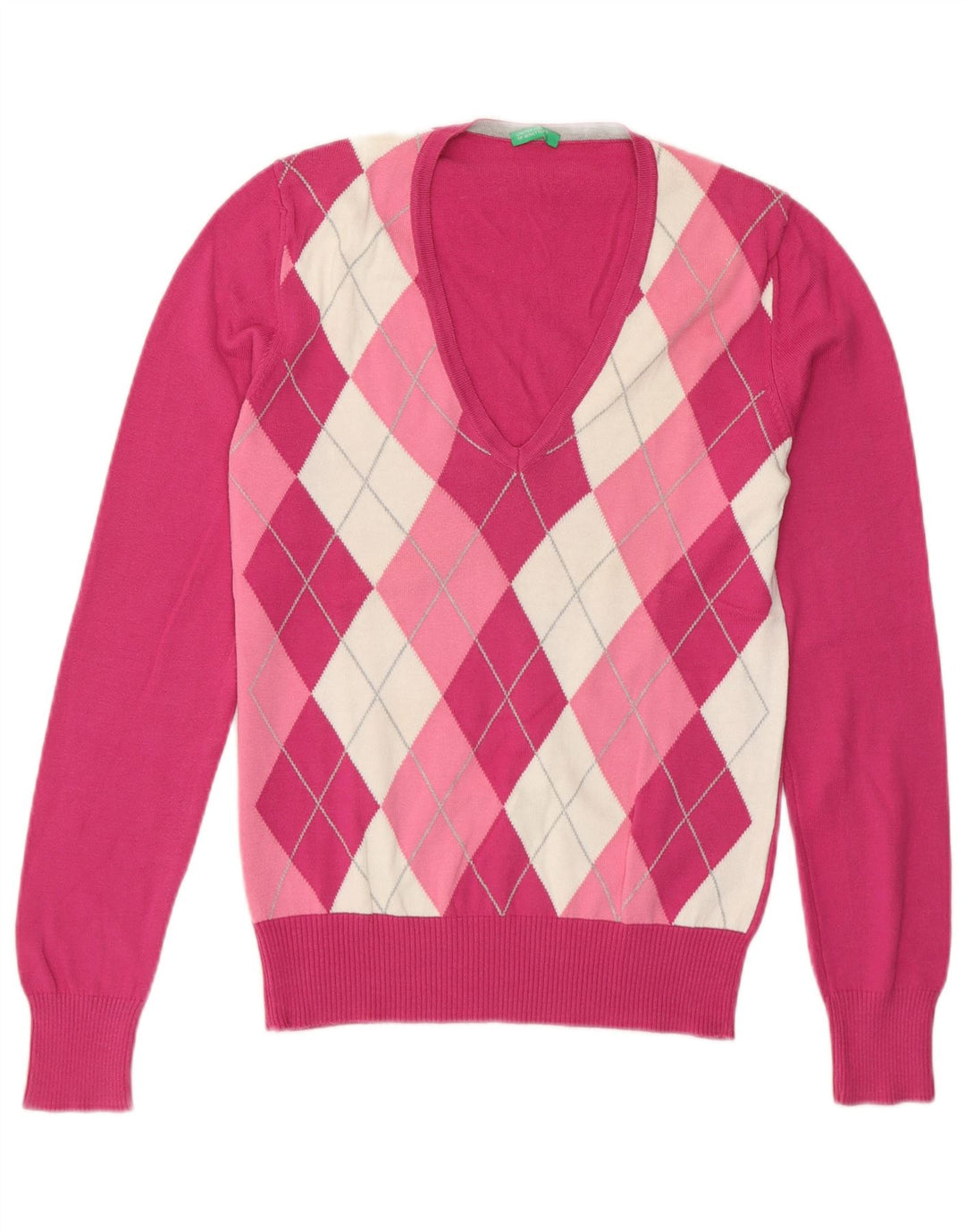 Benetton Pull col V pour femme UK 12 Rose moyen Argyle/Diamant