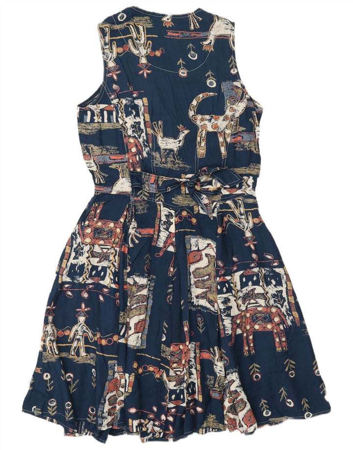 vintage Femmes Motif Abstrait Robe A-Line UK 12 Bleu Marine Moyen