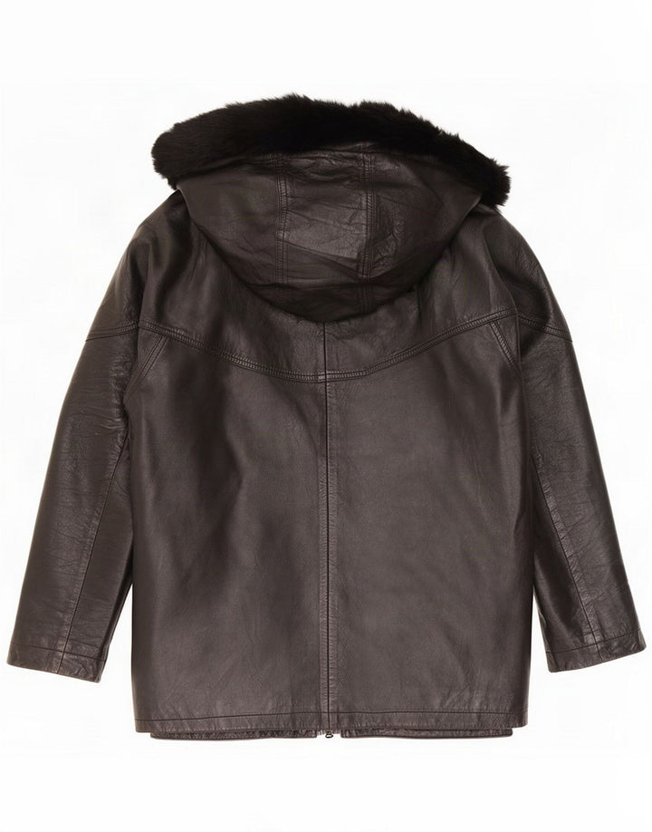 Vintage Veste en cuir surdimensionnée à capuche pour femme IT 44 Medium Black