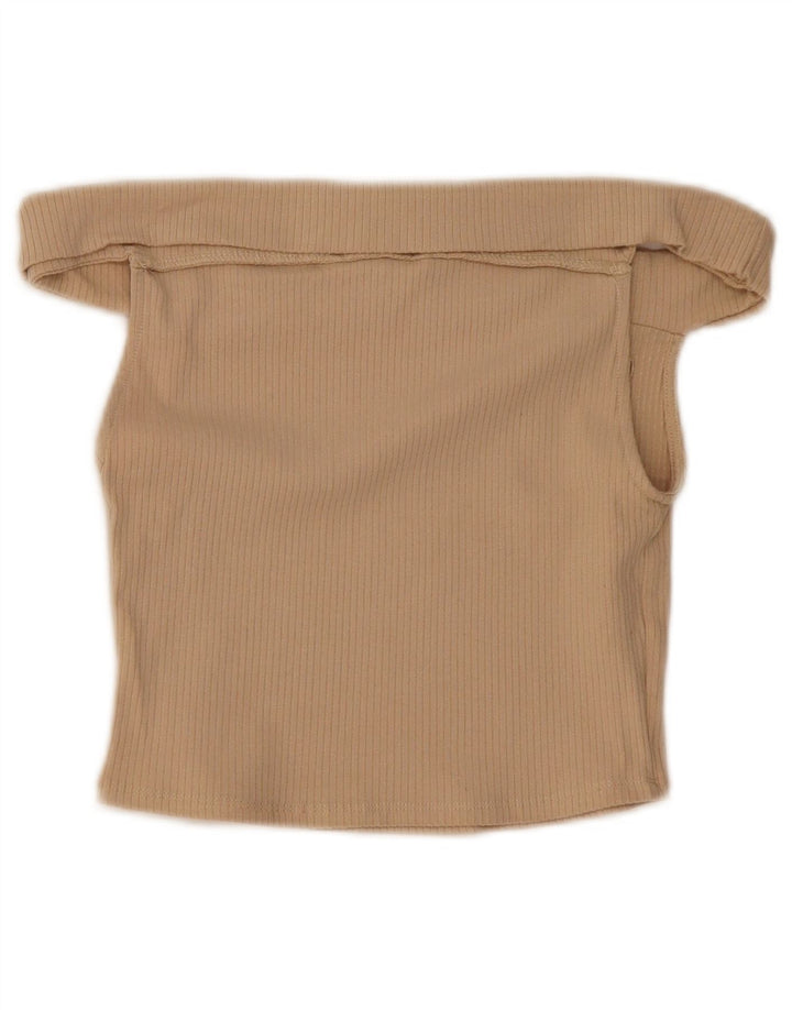 Zara Femmes Crop Off Épaule Top UK 8 Petit Beige Coton