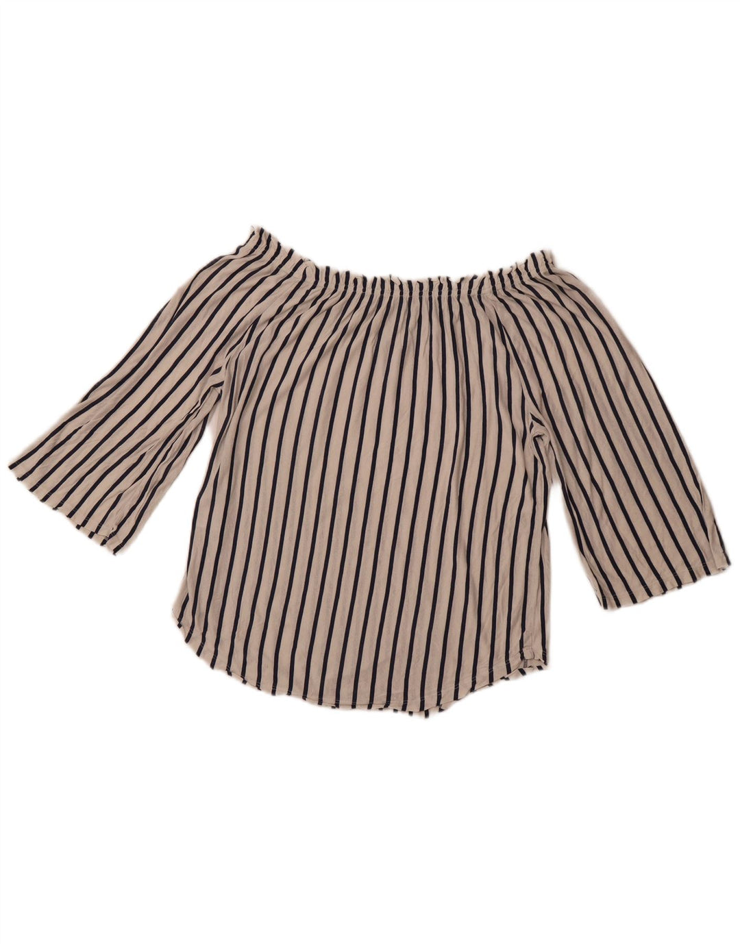 BENETTON Haut à manches 3/4 pour femme, épaules dénudées, UK 14, rayé blanc moyen