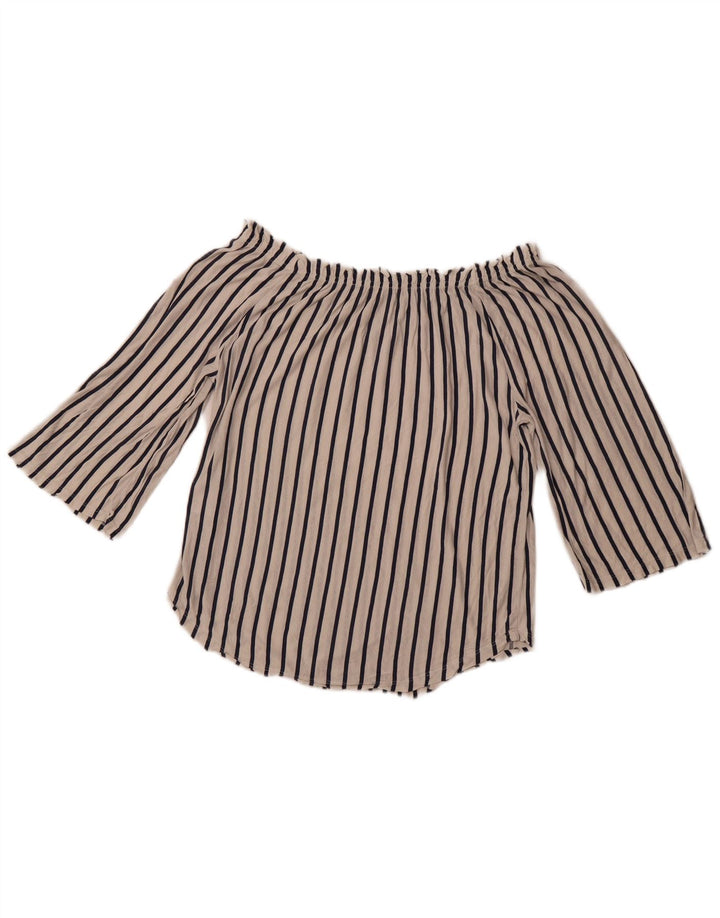 BENETTON Haut à manches 3/4 pour femme, épaules dénudées, UK 14, rayé blanc moyen