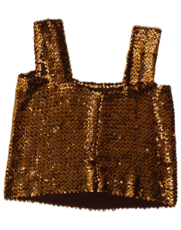 vintage Femmes Sans Manches Sequin Crop Top UK 12 Or Moyen