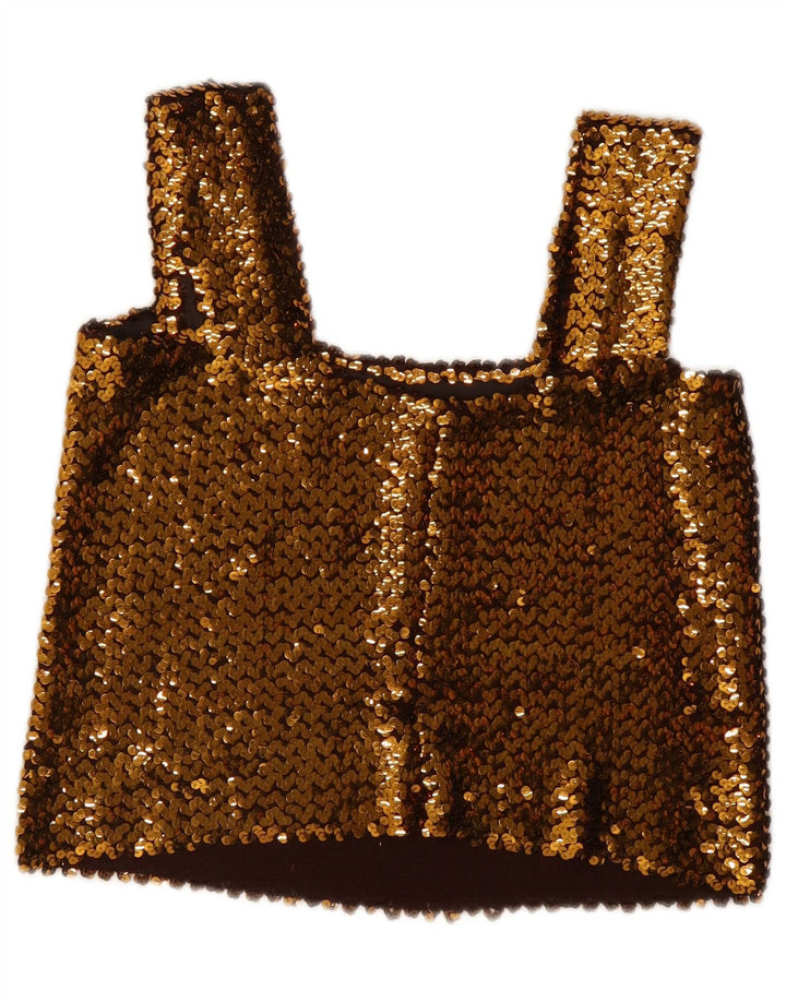 vintage Femmes Sans Manches Sequin Crop Top UK 12 Or Moyen