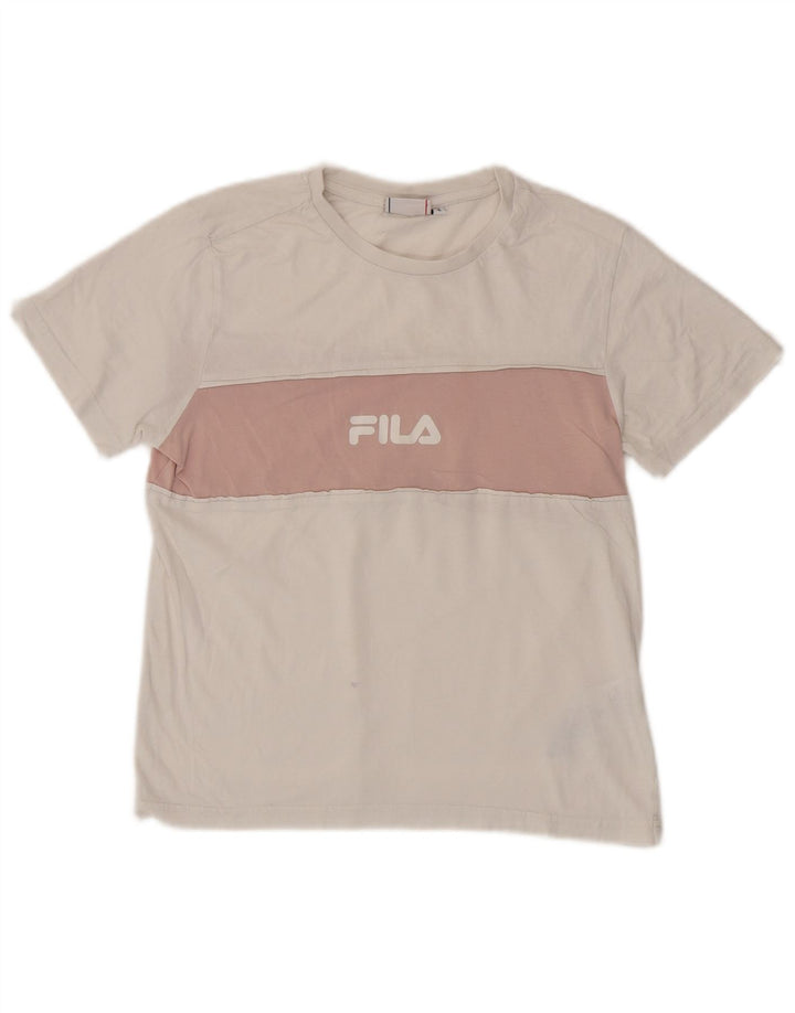 FILA T-shirt graphique pour femme UK 10 Petit coton color block blanc