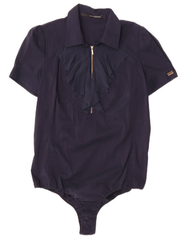 Atos Lombardini Womens Ruffle Front Shirt Bodysuit IT 46 Large Navy Blue