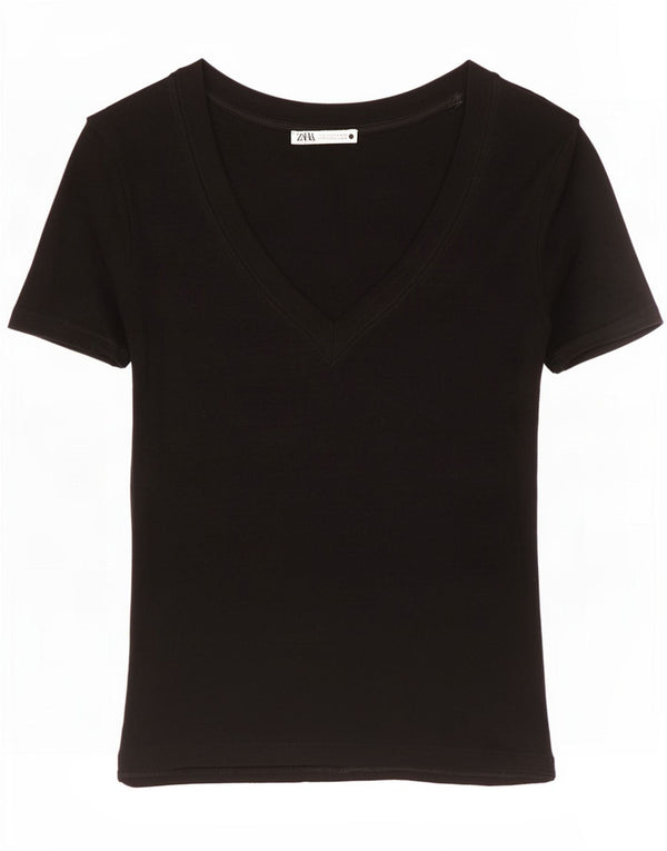 Zara Womens Crop T-Shirt Top UK 10 Petit Viscose Noir