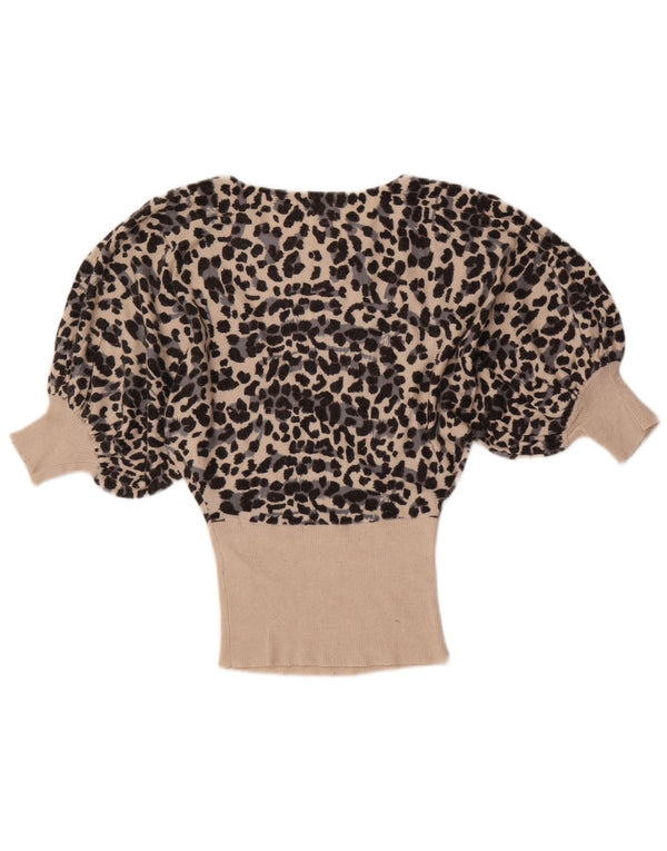 vintage Femmes 3/4 Manches Blouse Top UK 10 Petit Beige Animal Print Viscose