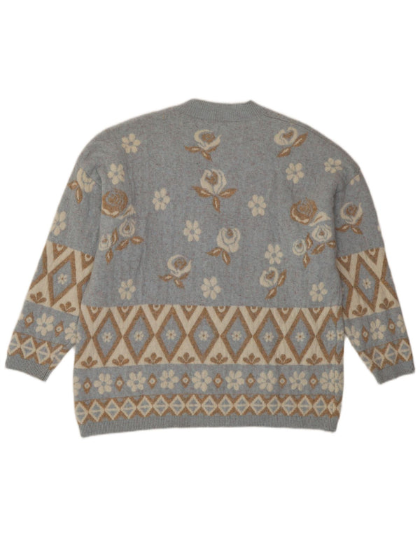 Stefanel Femmes Coupe Ample Cardigan Pull UK 14 Bleu Moyen Floral Classique