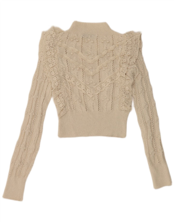 Zara Pull à col roulé à volants sur le devant pour femme UK 10 Small Blanc cassé