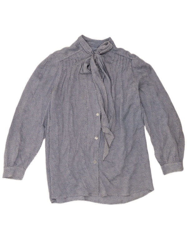 vintage Femme Front Tie Shirt Blouse UK 16 Grand Bleu Repéré